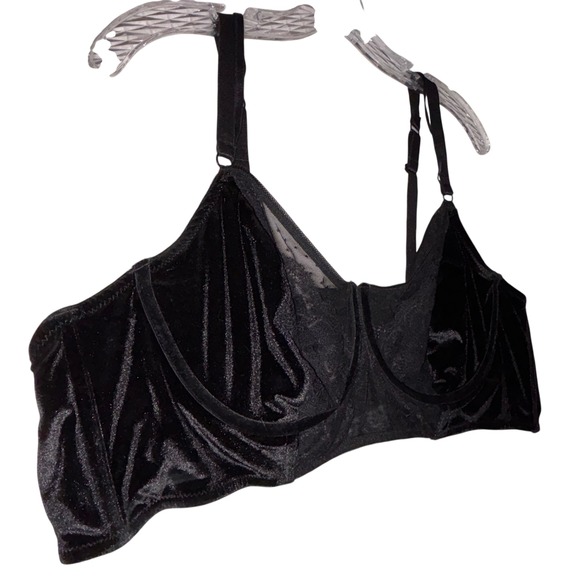 Black Velvet Lace Balconette Bra Full Cup‎ Underwire Elegant Lingerie 38DD - Picture 2 of 4
